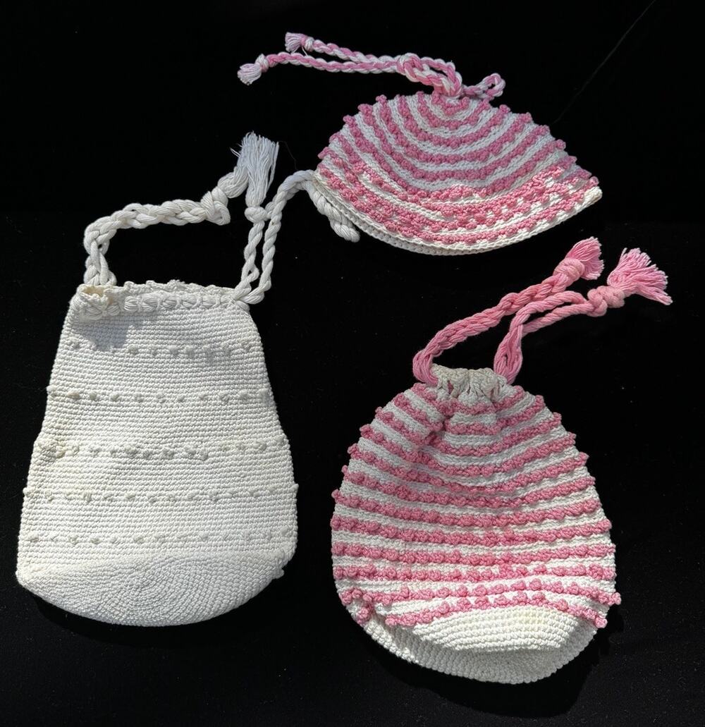 3 Vintage 1940’s Handmade Crocheted Purse Or Bags Draw String-A20